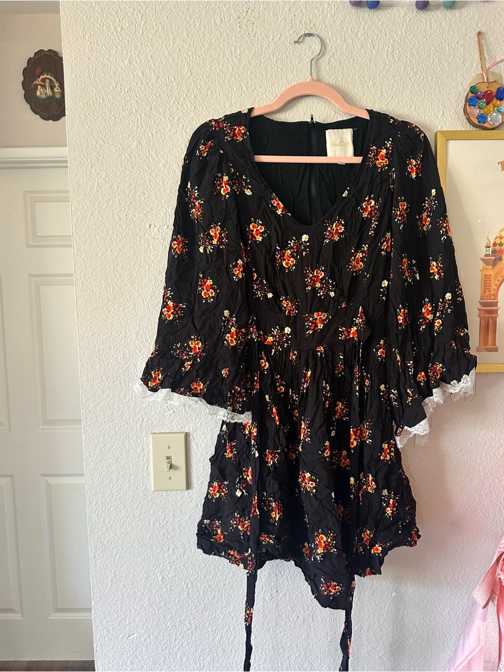 Modcloth M Black and Floral Bell Sleeve Mini Dress